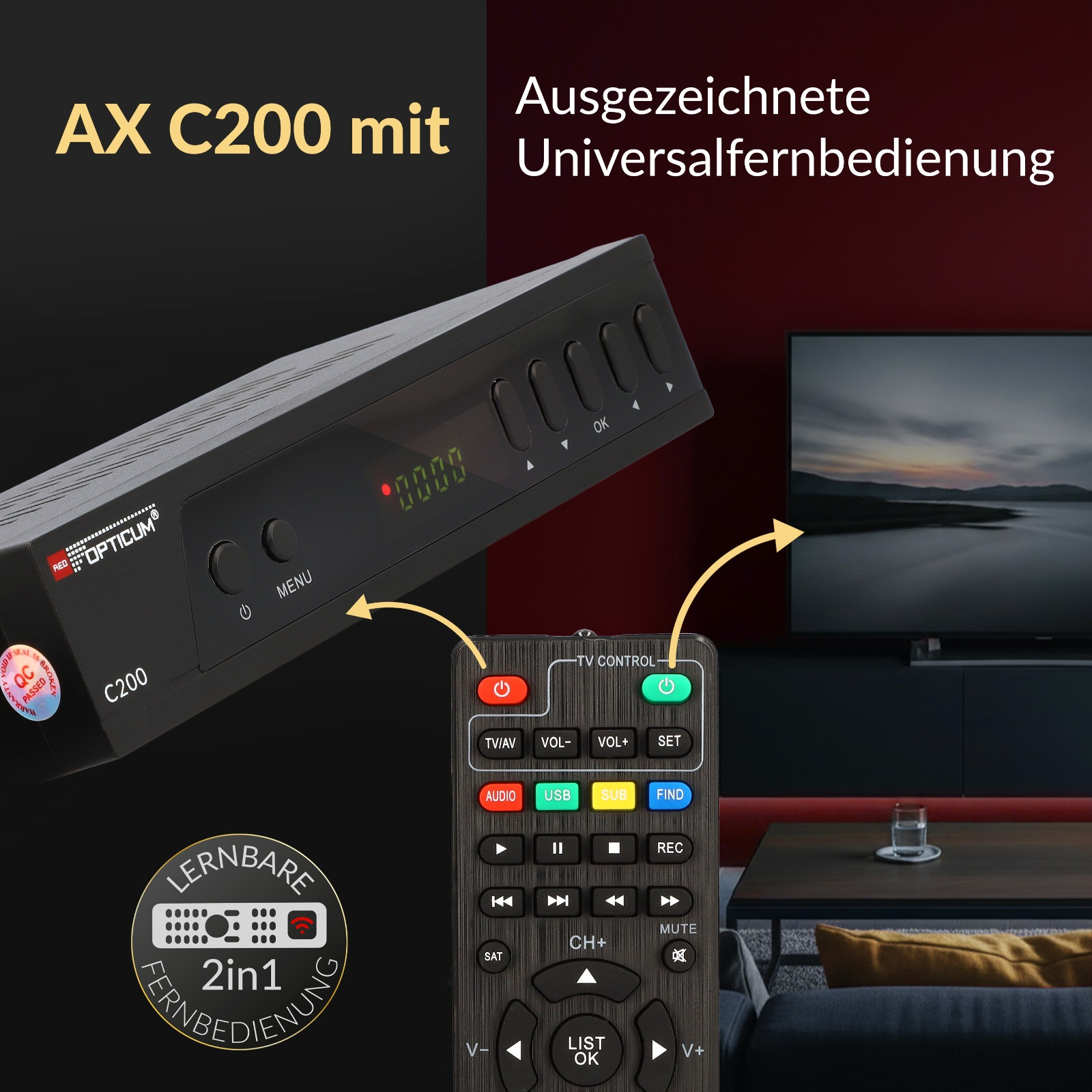 Ein schwarzer SAT-Receiver AX C200 mit Fernbedienung und Fernseher.