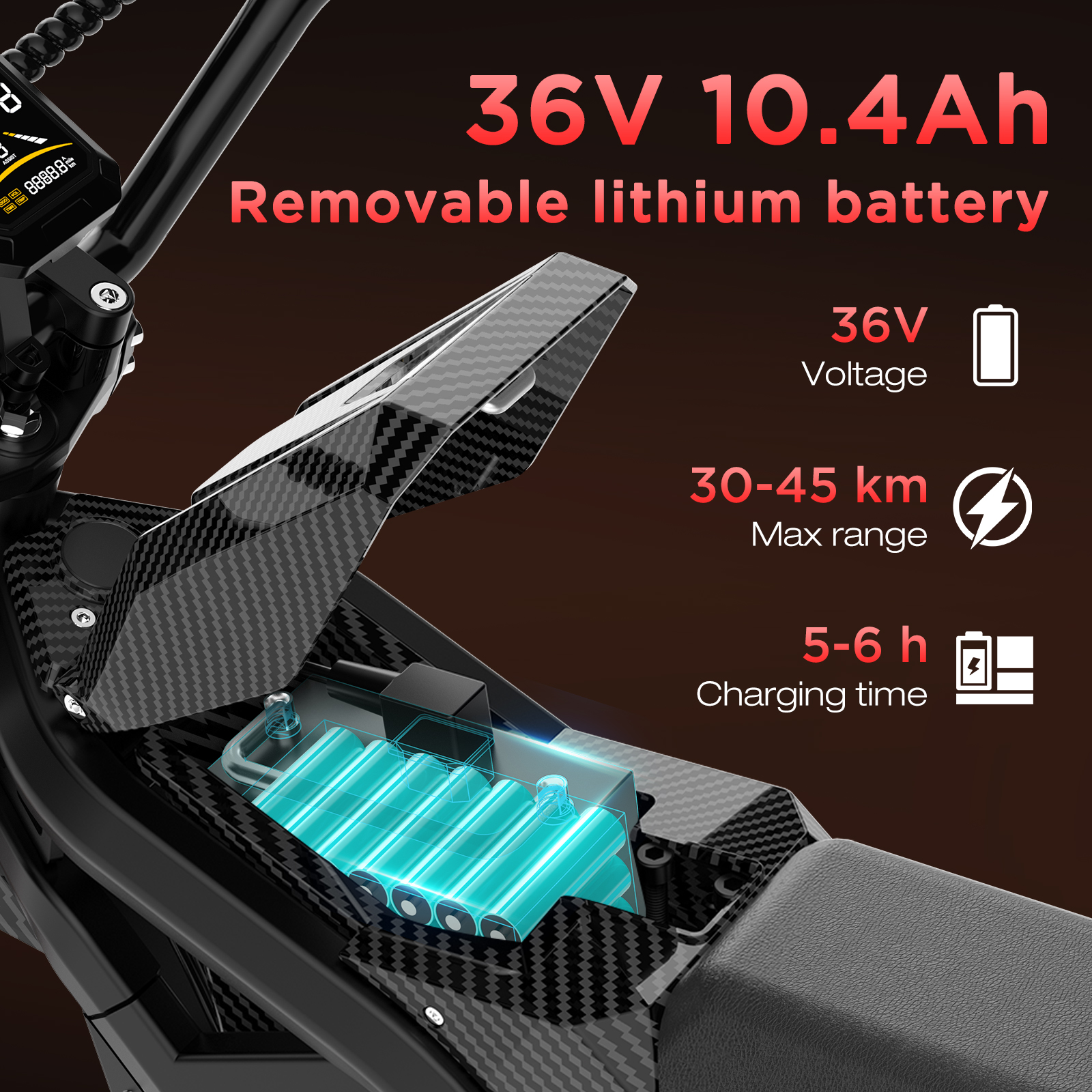 Patinete eléctrico con batería de litio extraíble de 36V y 10,4Ah, autonomía de 30-45 km.