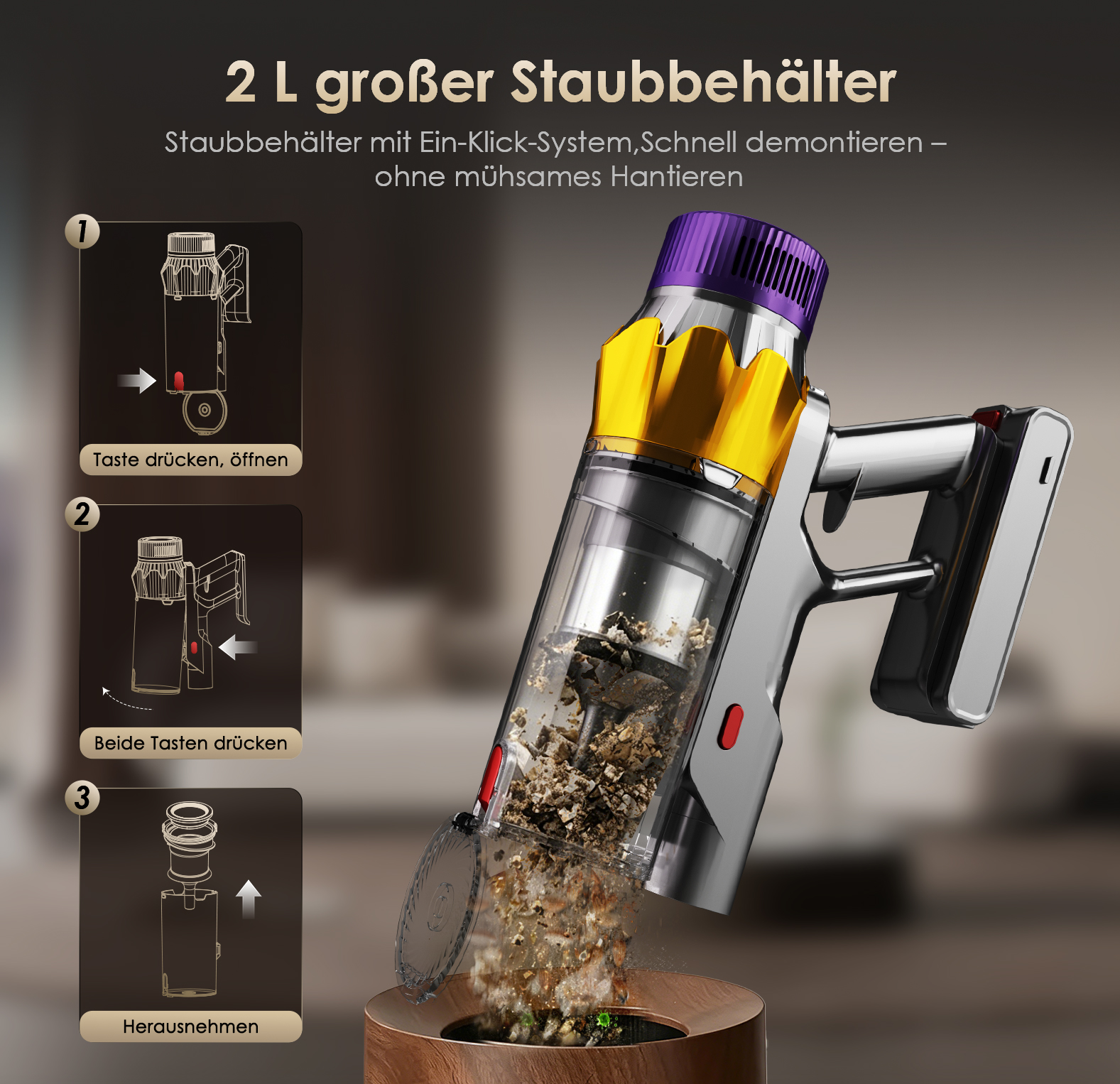 Ein Staubsaugerbehälter mit gelb-violetter Oberseite entleert Schmutz in einen Holzbehälter.