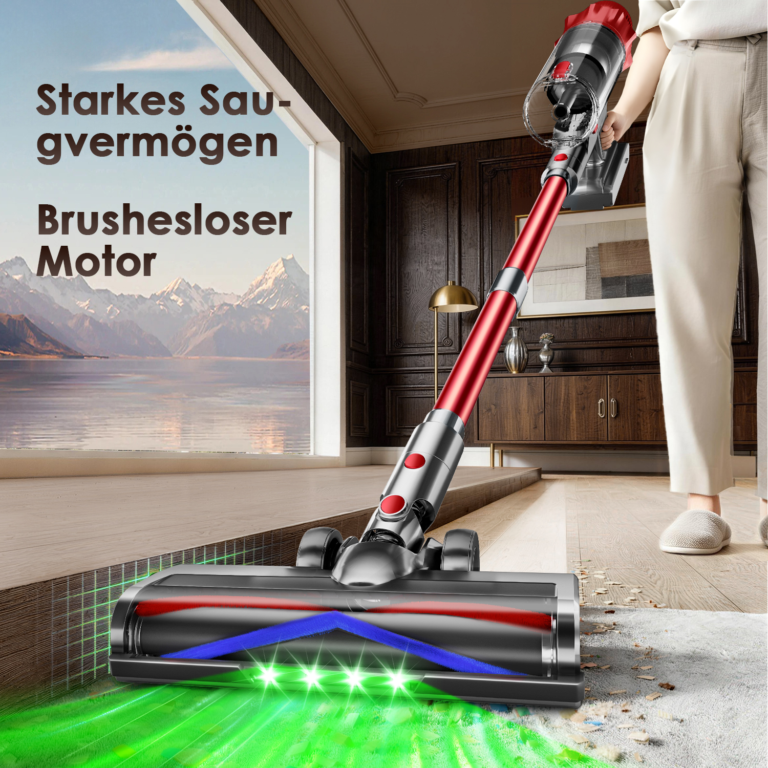 Ein Mann saugt mit einem roten Akku-Staubsauger auf einem Teppich. Grüne Lichter zeigen die Saugkraft.