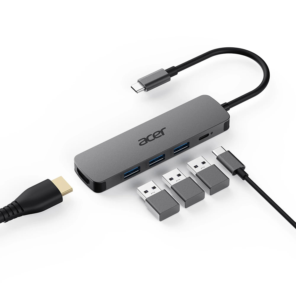 Hub USB-C Acer gris con HDMI, 3 puertos USB-A y cable USB-C.