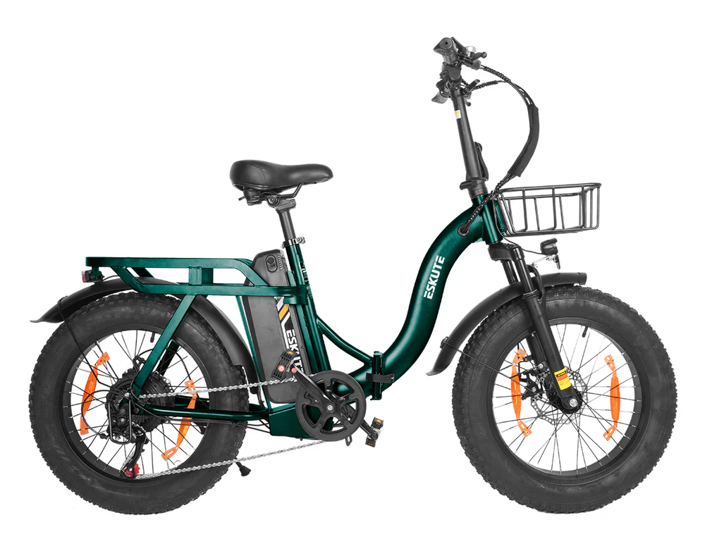 Una e-bike verde oscuro con neumáticos anchos, portaequipajes delantero y trasero, y batería.