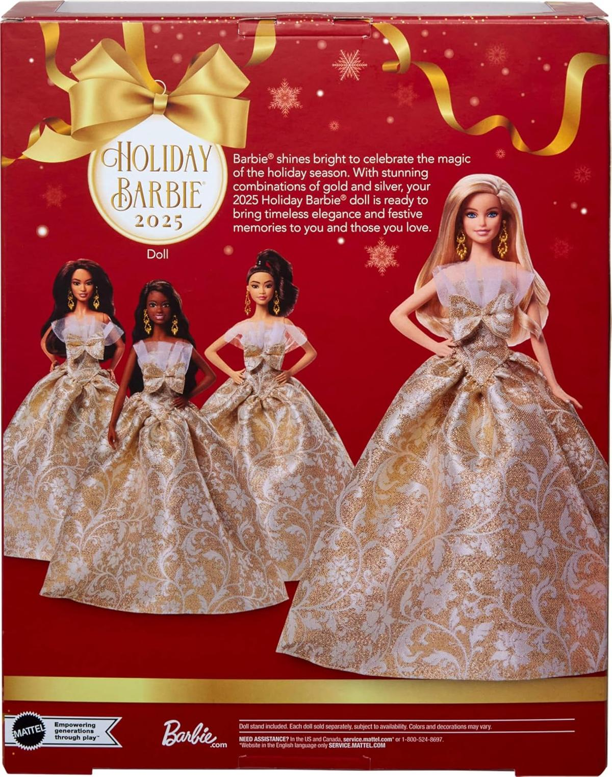 Vier Barbie-Puppen in glitzernden gold-weißen Kleidern auf roter Schachtel mit "Holiday Barbie 2025".