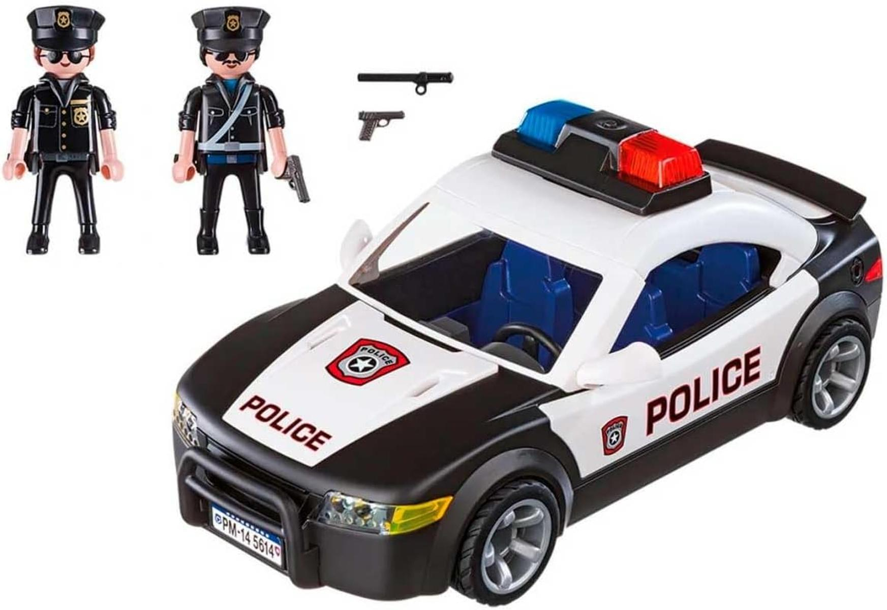 Coche de policía de juguete con dos figuras policiales y armas.