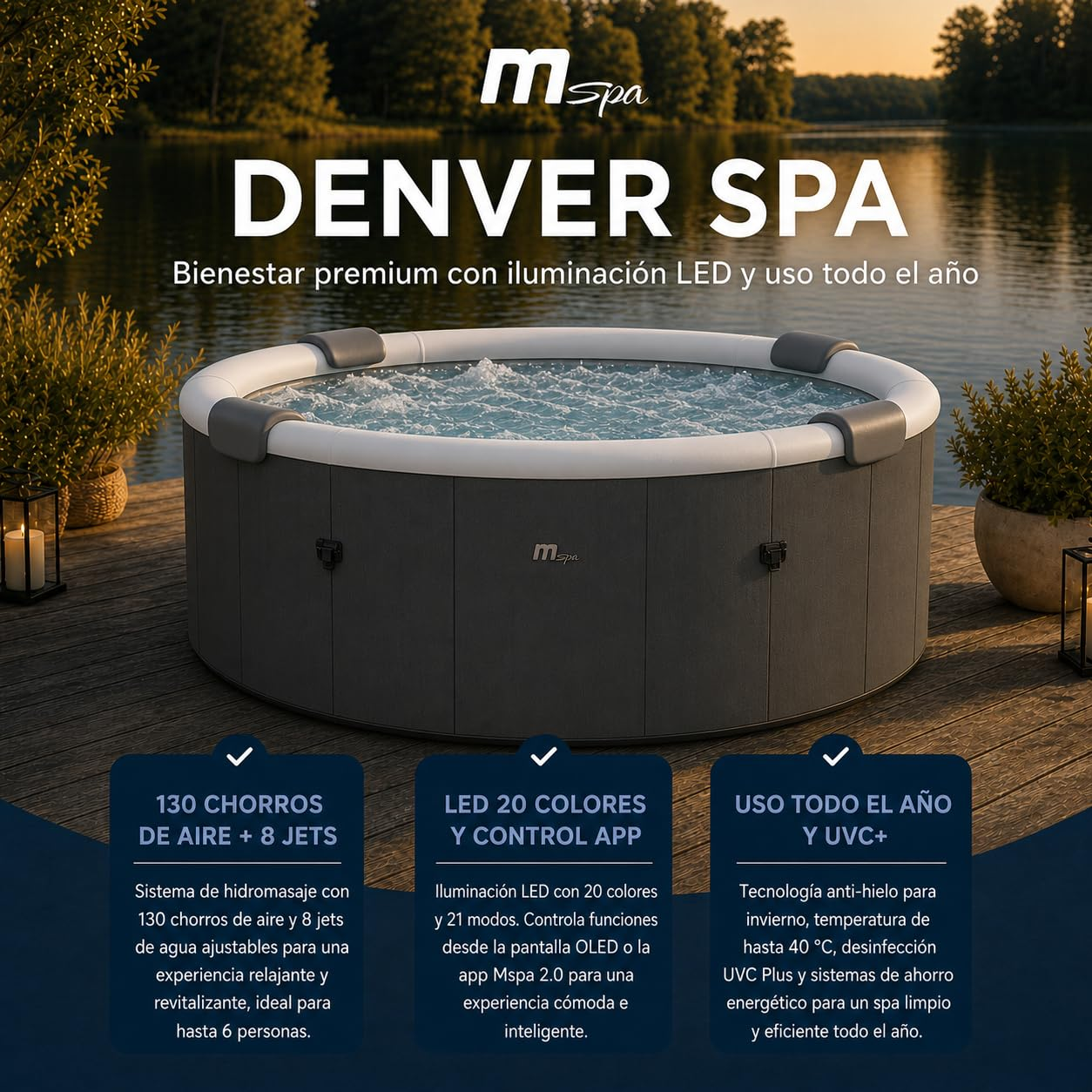 Un jacuzzi inflable exterior con agua burbujeante, rodeado de árboles y agua.
