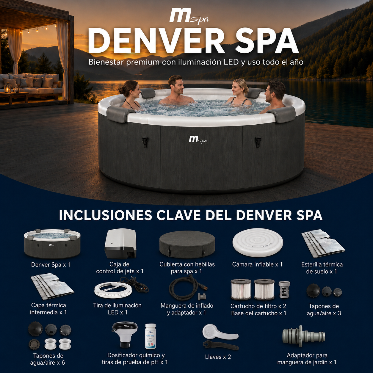 Cuatro personas se relajan en un jacuzzi inflable al aire libre con vistas a un lago.