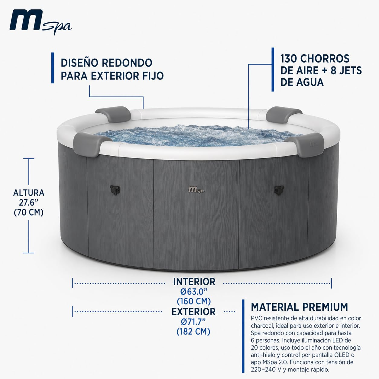 Spa redondo con revestimiento exterior gris, 130 chorros de aire, 8 de agua.