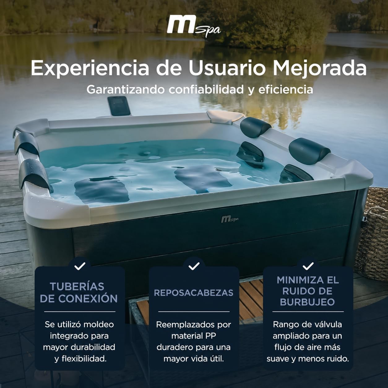 Un spa en el agua con cuadros de texto resaltando características y beneficios.
