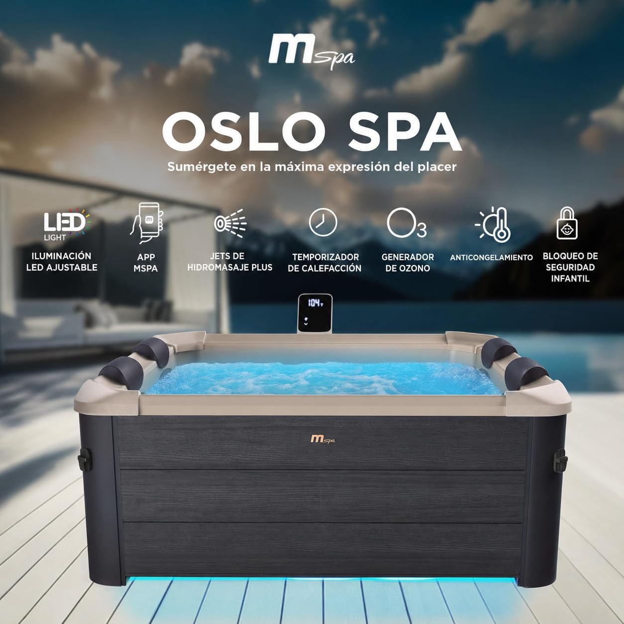 Un jacuzzi inflable con iluminación LED y unidad de control.