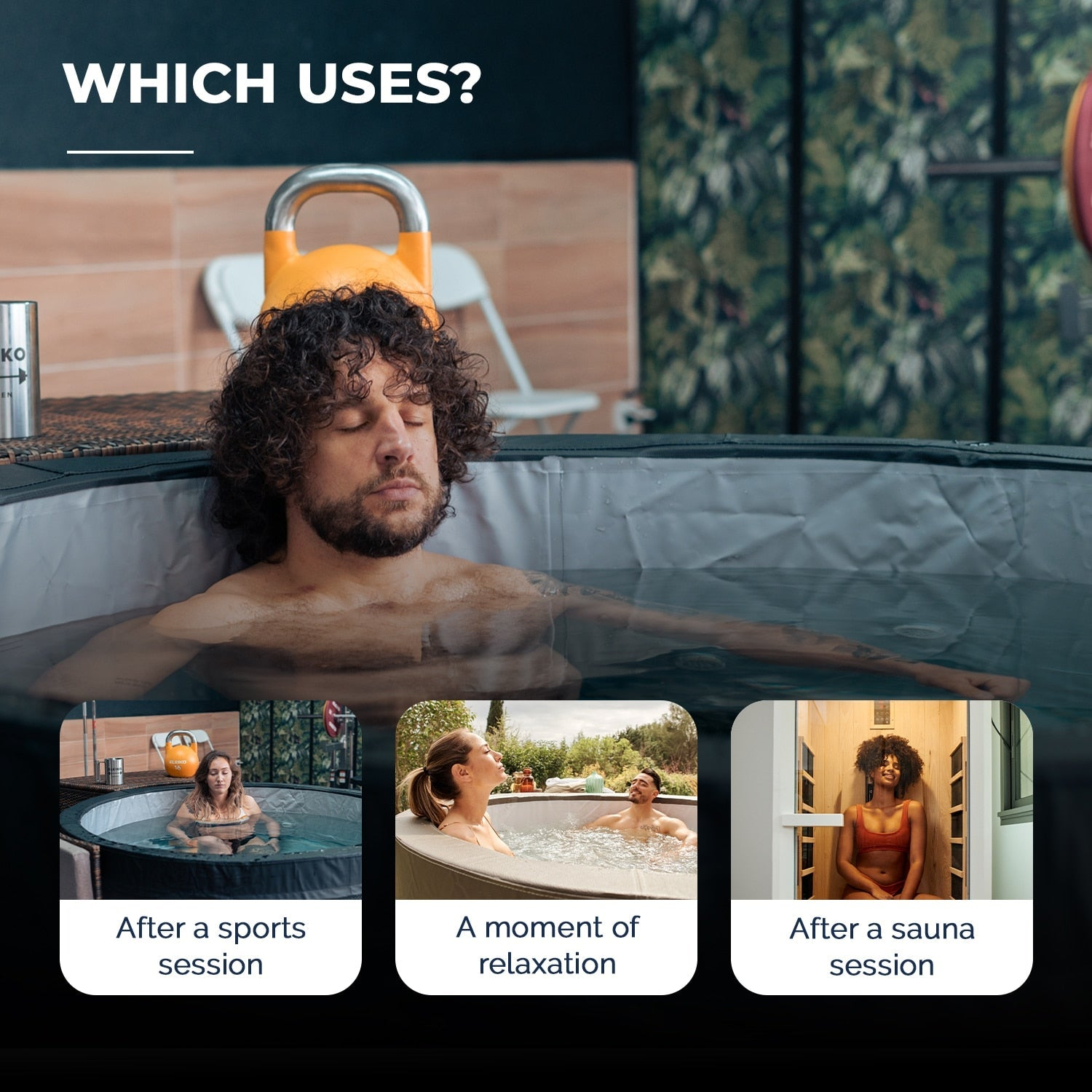 Hombre en bañera, escenas: deporte, relajación, sauna.