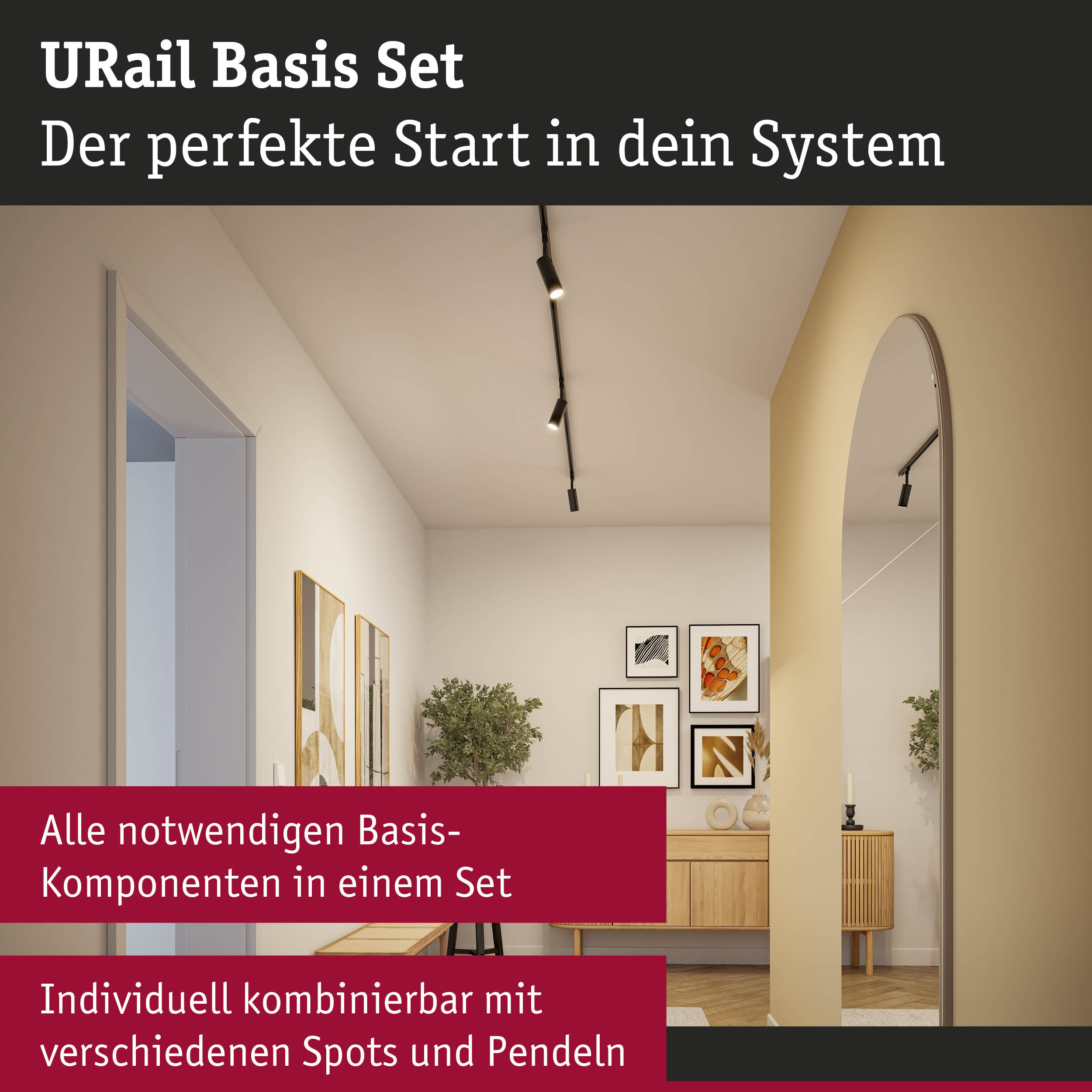Moderne Flurbeleuchtung mit Schienensystem und Dekoration.