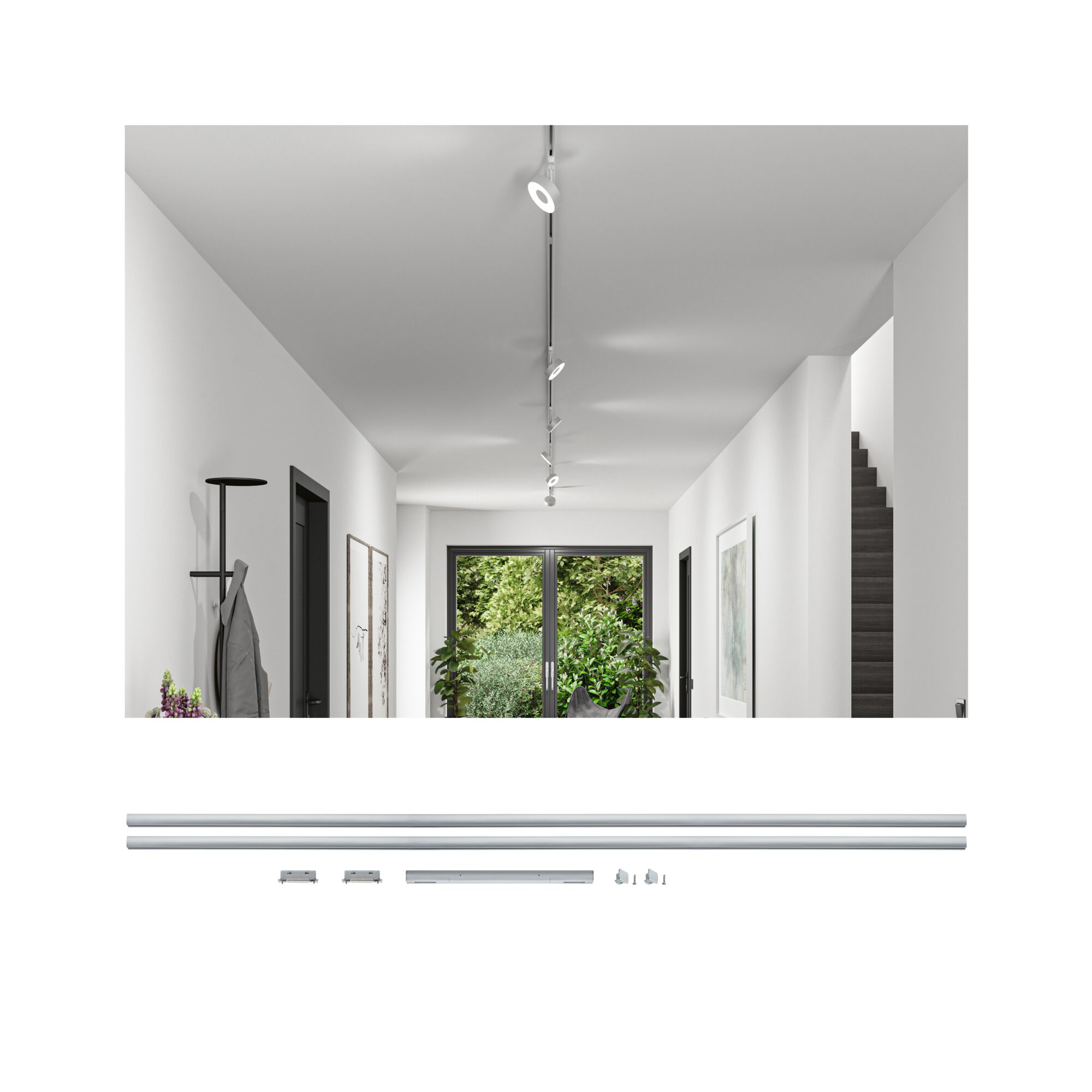 Moderner Flur mit Treppe, Tür, Garderobe, Pflanzen und Deckenleuchten.