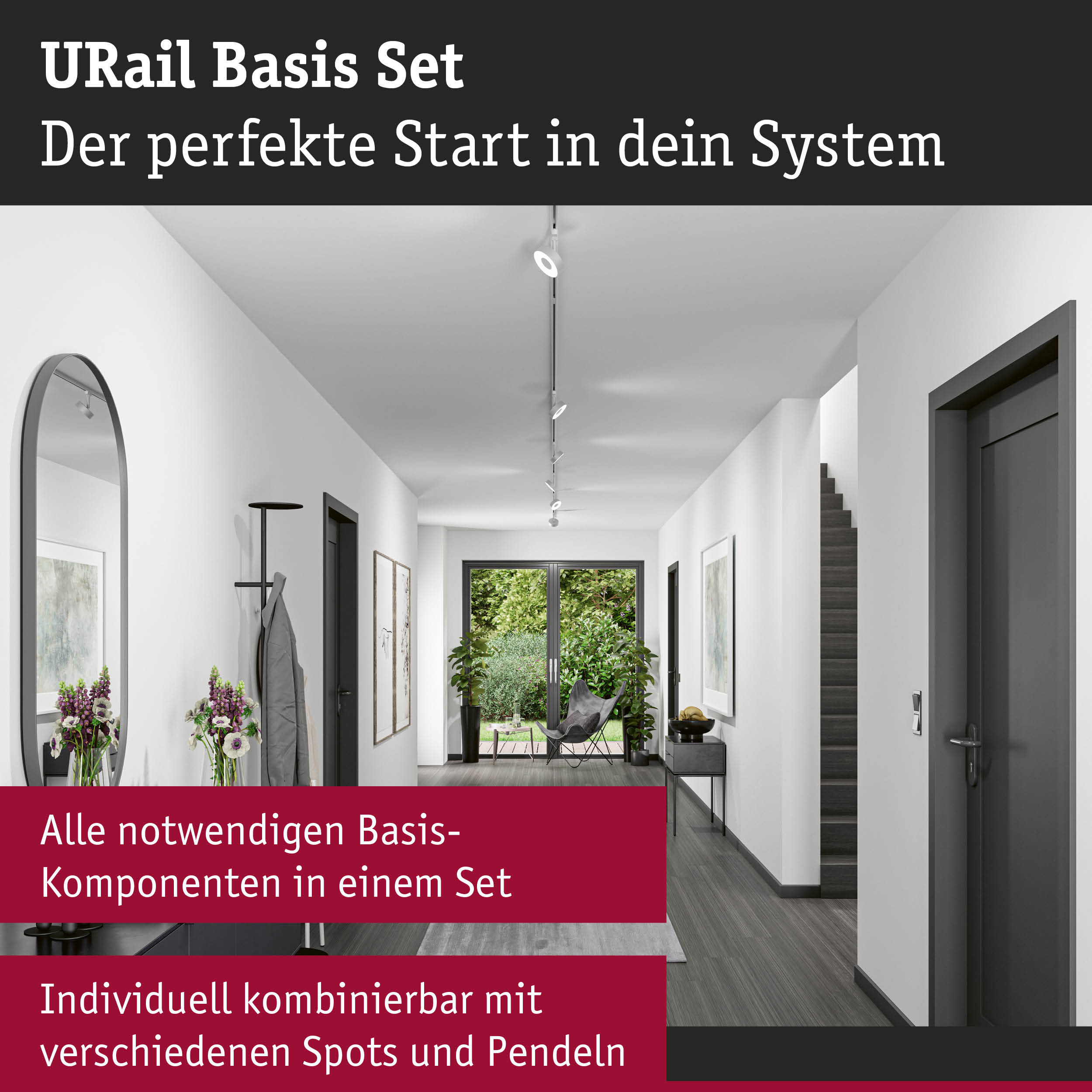 Modern hallway with URail system, mirror, coat rack, plants, stairs, and doors.