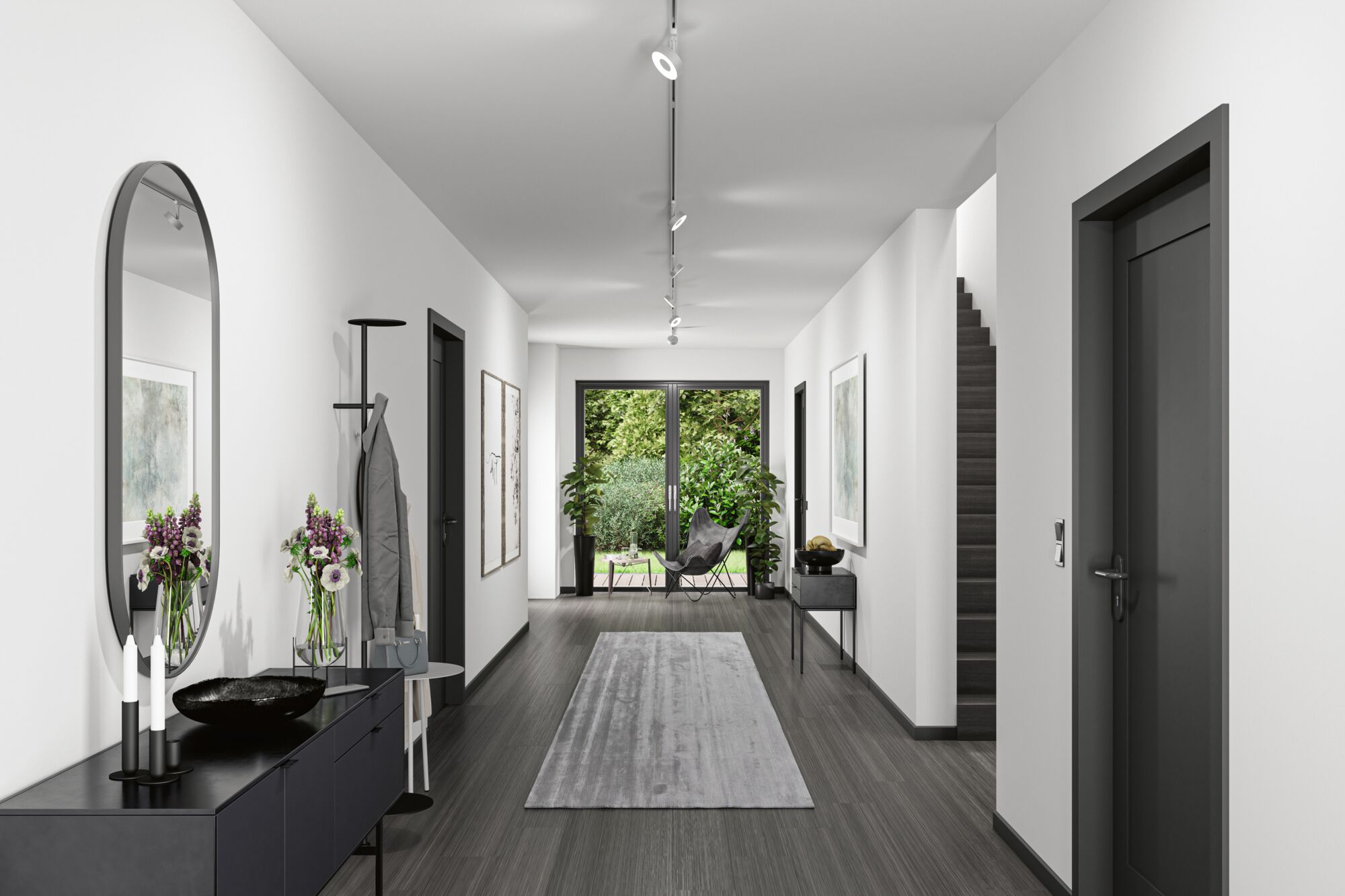 Moderner Flur mit dunklem Holzboden, Spiegel, Konsole, Blumen und Treppe.
