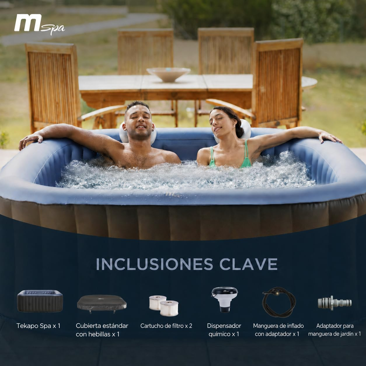 Una pareja se relaja en un jacuzzi inflable al aire libre. Se muestran accesorios.