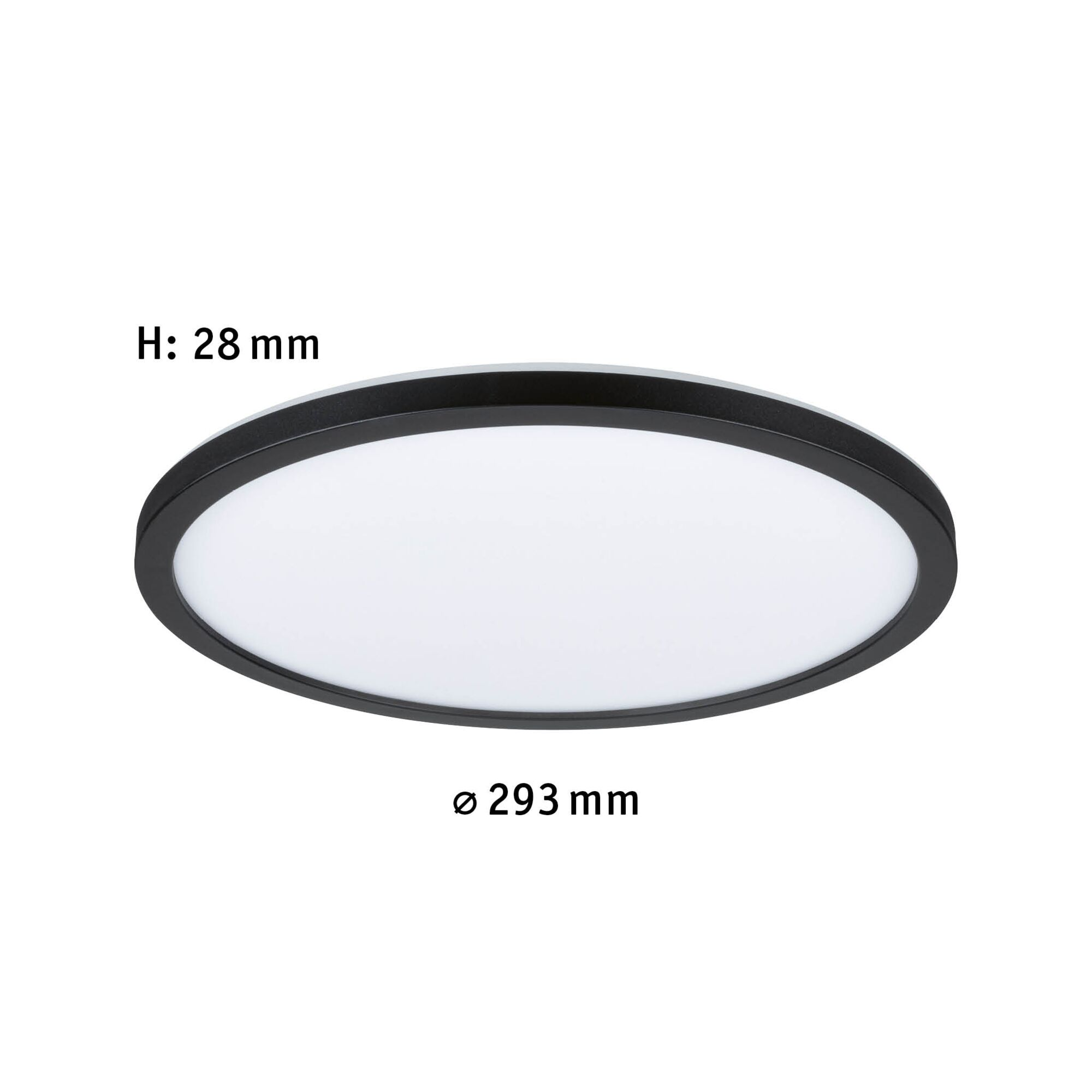 Runde Deckenleuchte mit schwarzem Rand, H: 28 mm, D: 293 mm.