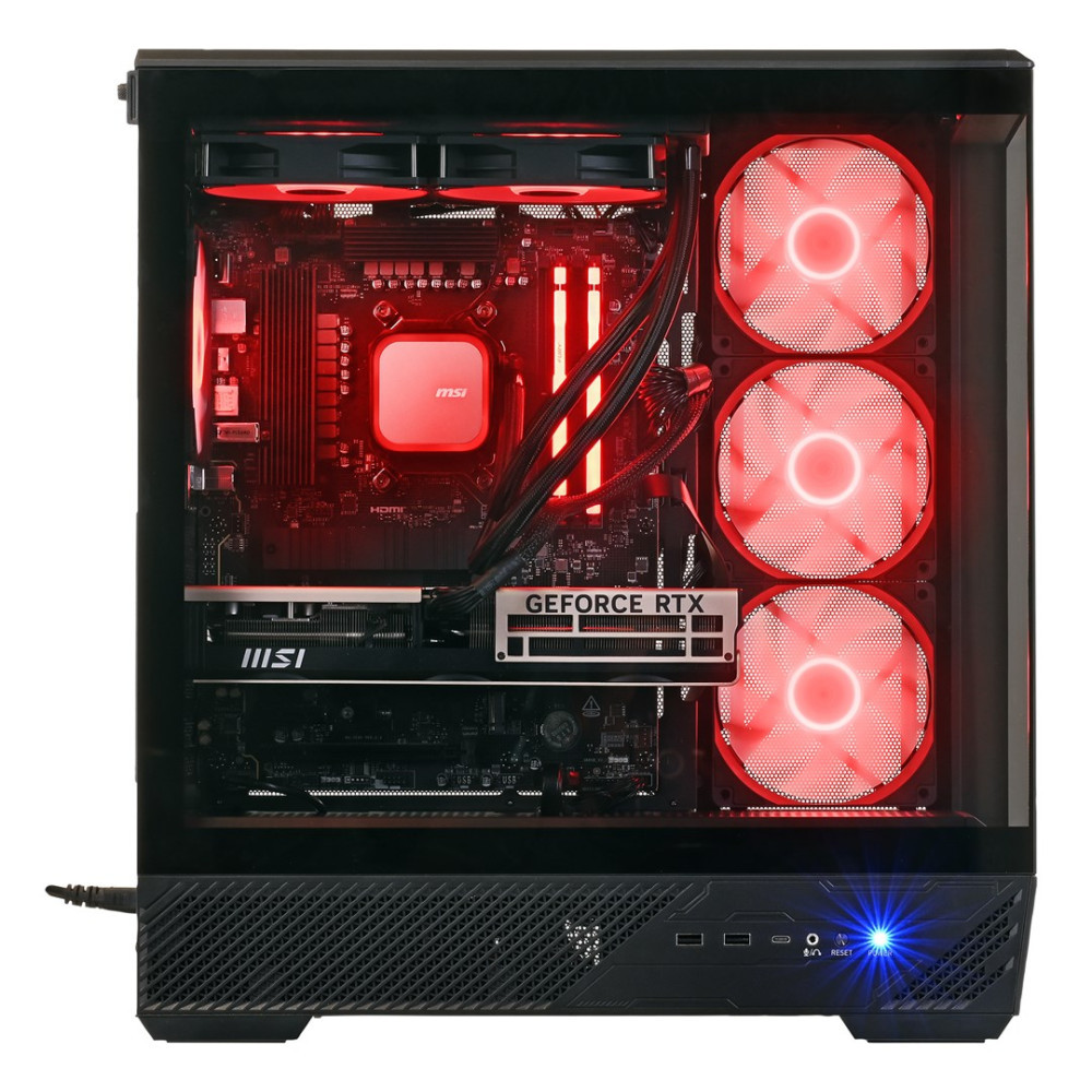 Un PC da gaming aperto con illuminazione rossa, ventole e scheda grafica GeForce RTX.