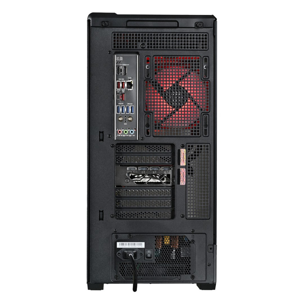 Retro di un case PC nero con porte, ventole e alimentatore.