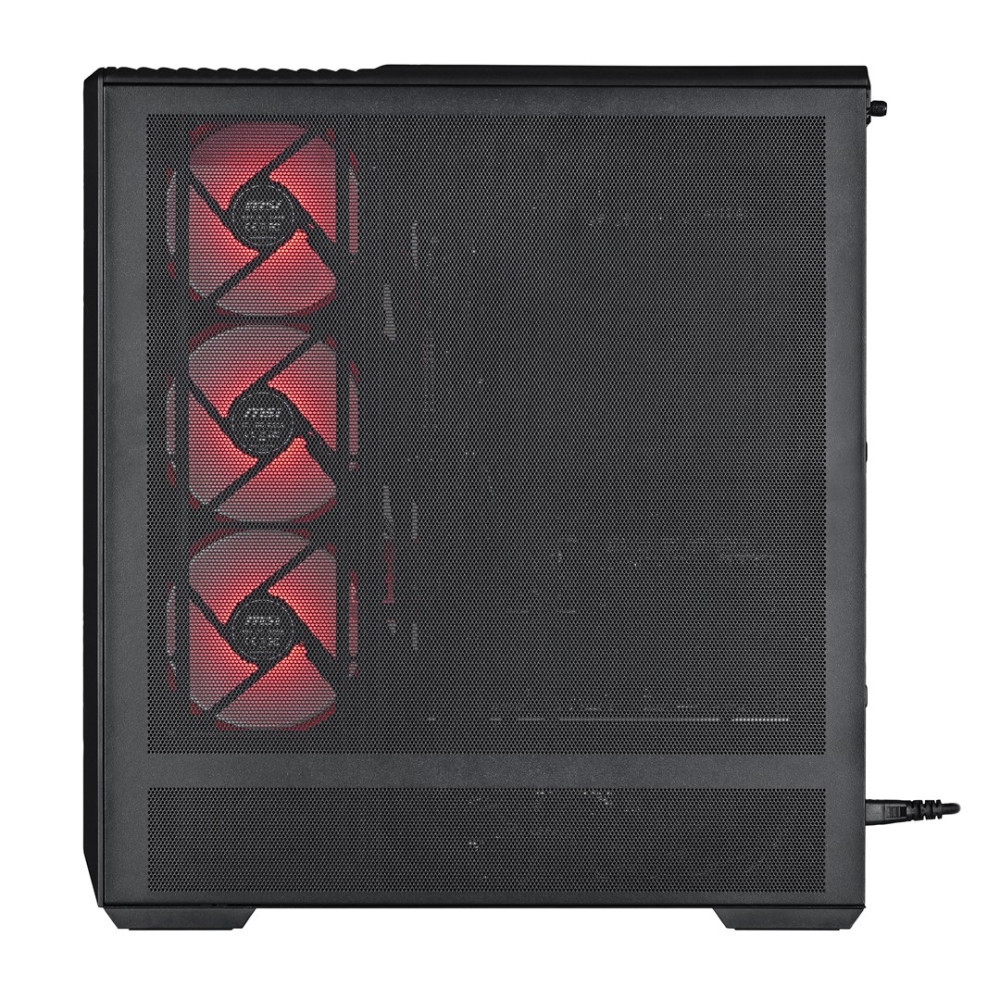 Case del computer nero con tre ventole rosse sul lato sinistro, sfondo bianco.