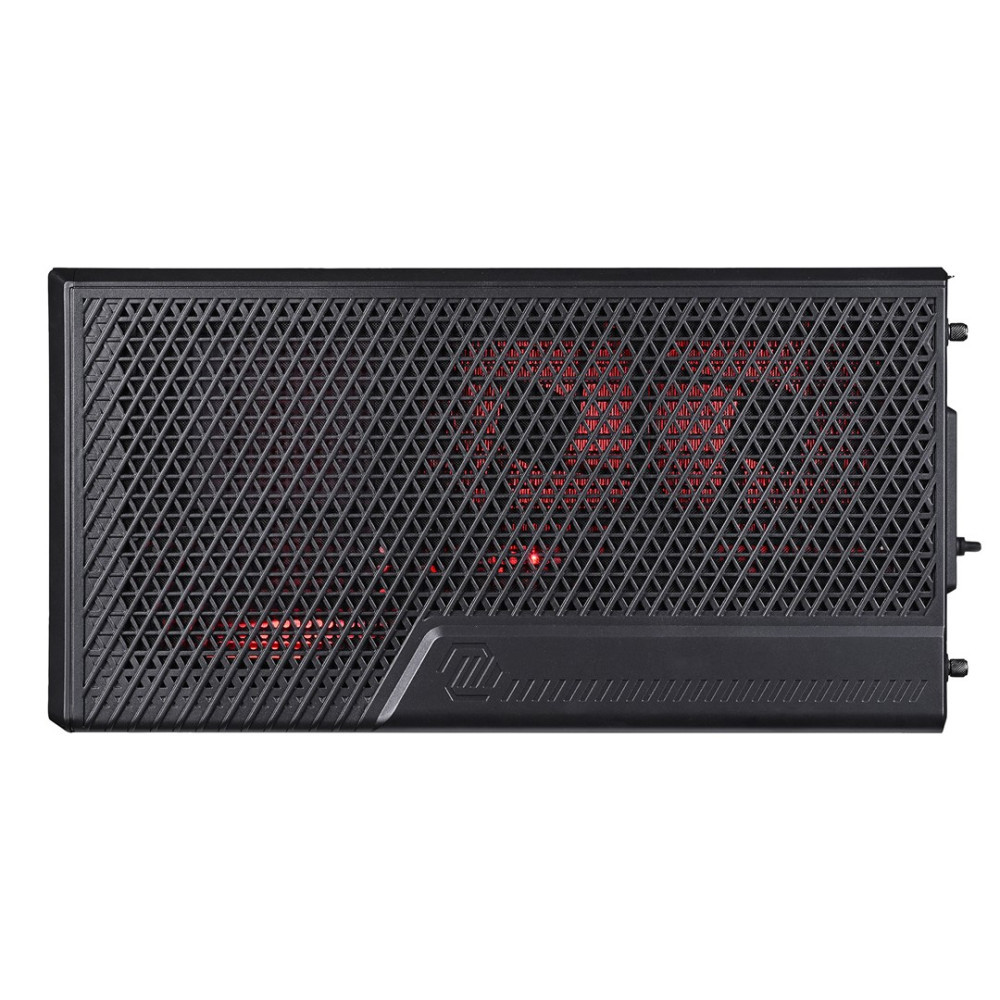 Case del computer nero con motivo a rete e luci rosse.