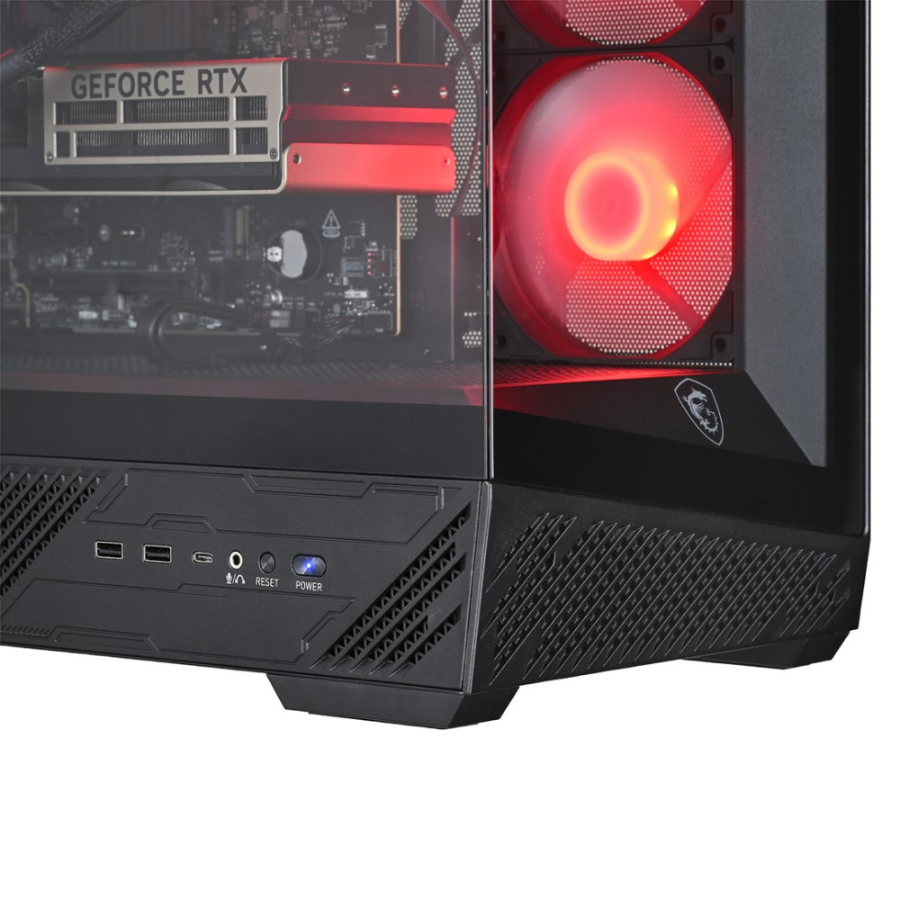Un case per PC nero con ventole rosse e dettagli della scheda grafica.