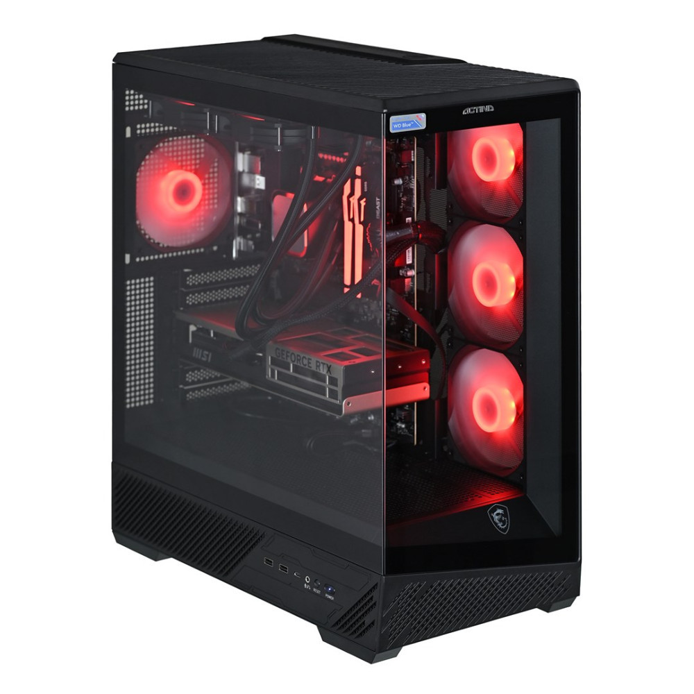 Case PC nero con ventole rosse luminose e componenti interni, pannello laterale in vetro.