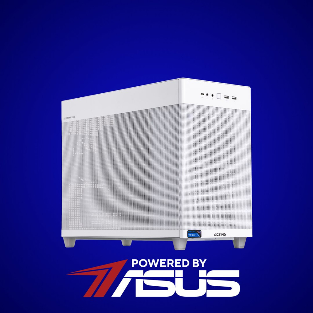 Un case per computer bianco è mostrato su sfondo blu con il logo ASUS.