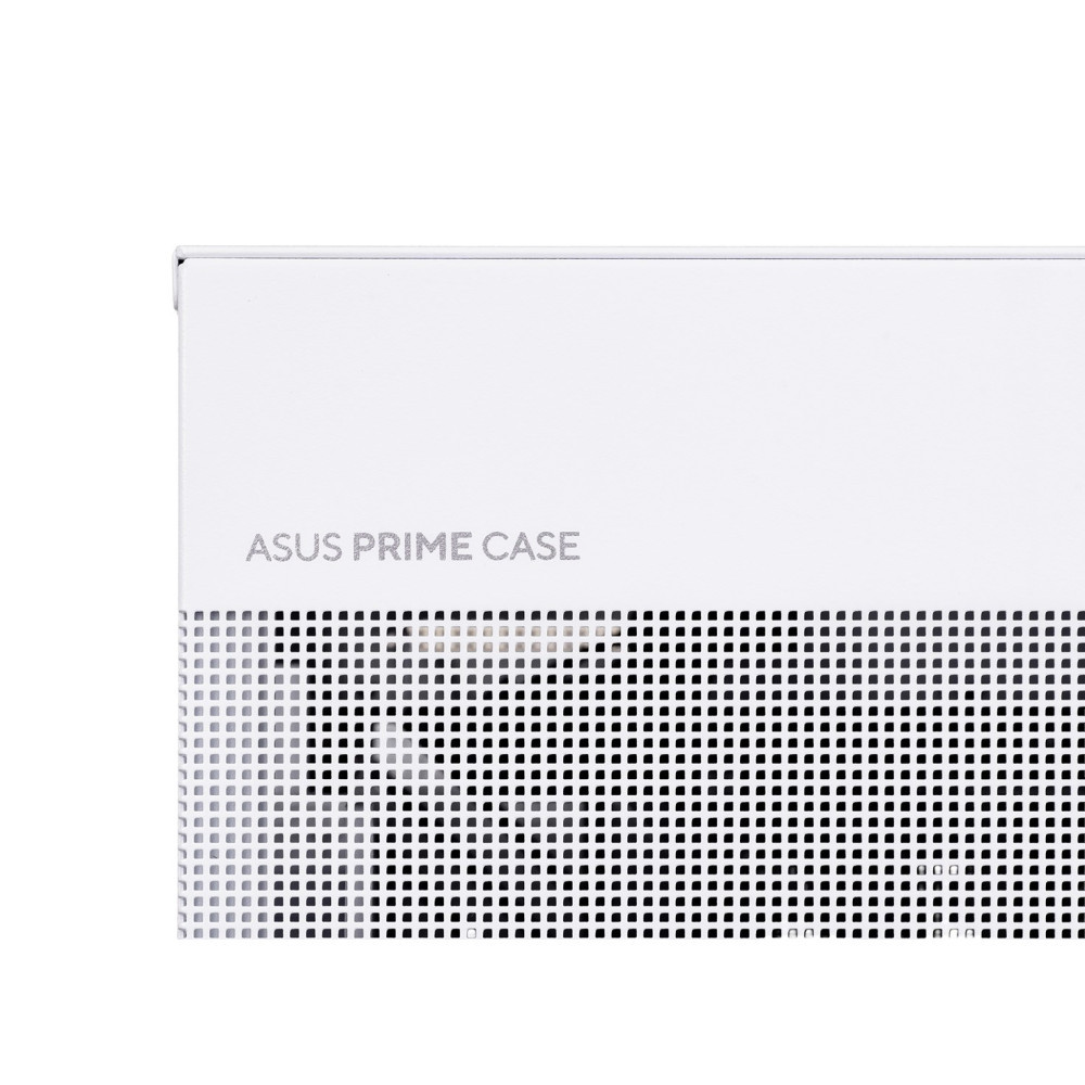 Un case bianco con la scritta ASUS PRIME CASE e un motivo traforato.