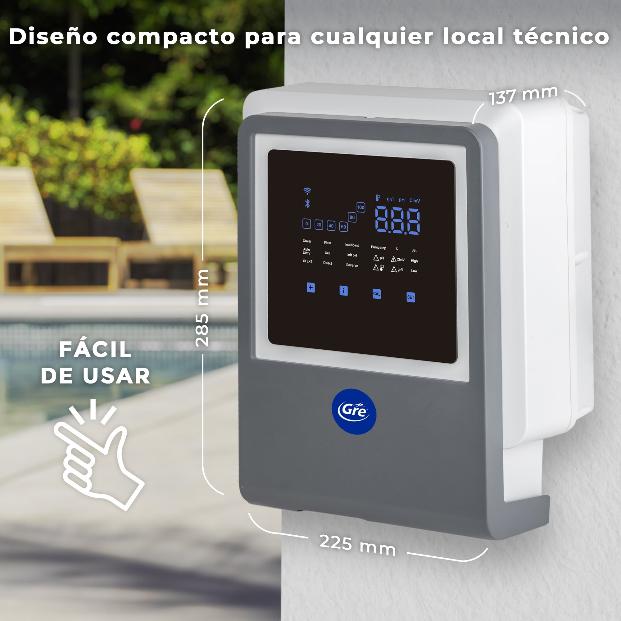 Unidad de control blanco-gris con pantalla digital, montada en pared, con dimensiones.