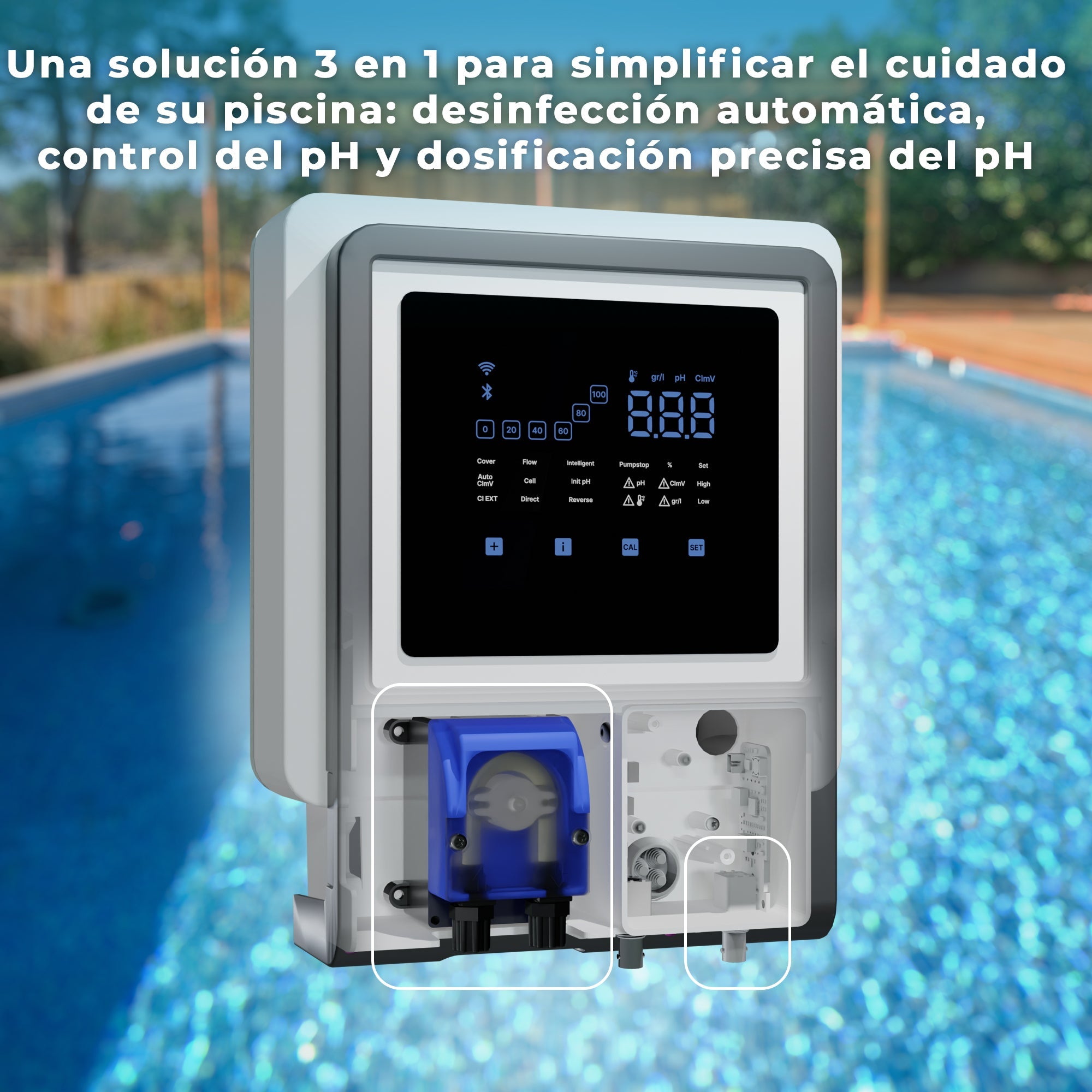 Un sistema de control de piscina con pantalla digital y bomba azul junto a una piscina.