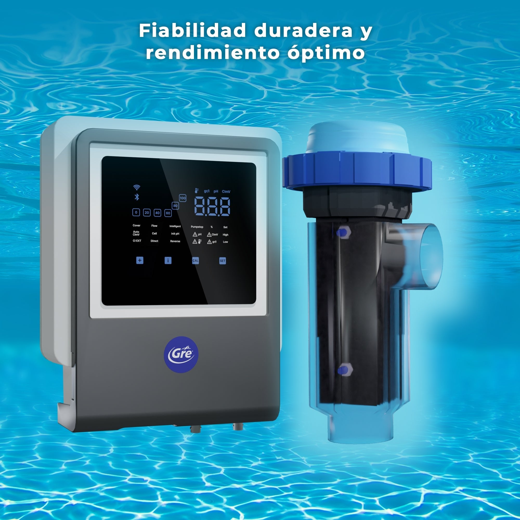 Una unidad de control de piscina y un clorador se muestran sobre un fondo de agua con reflejos de luz.