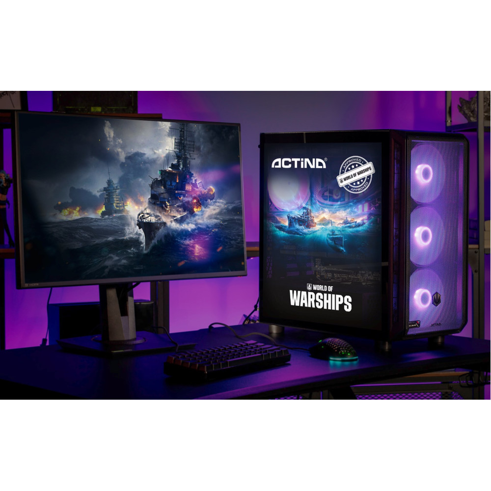Komputer gamingowy z motywem "World of Warships", oświetlony fioletowym światłem.