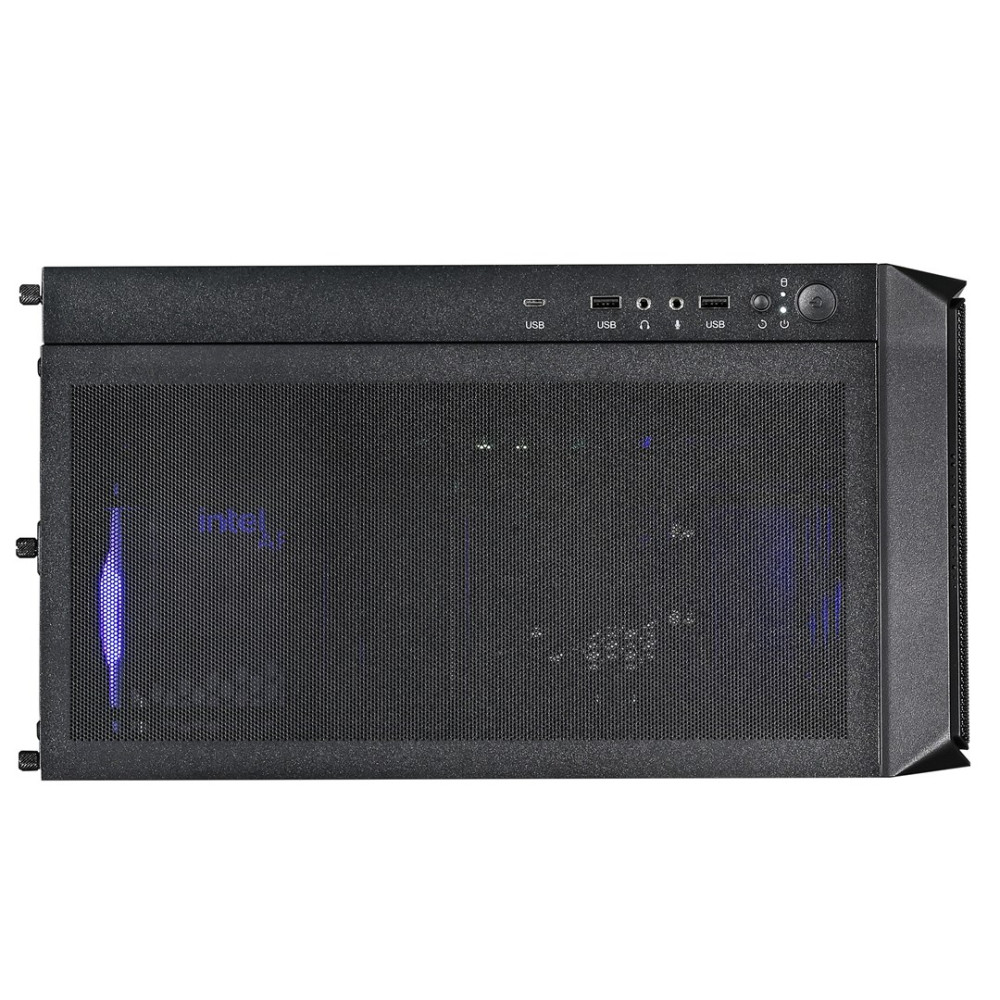 Case del computer nero con frontale in mesh e LED blu. Porte USB in alto.