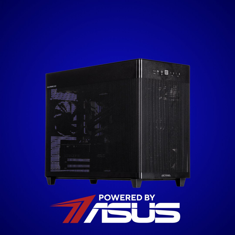 Case del computer nero con parte anteriore in rete su sfondo blu.