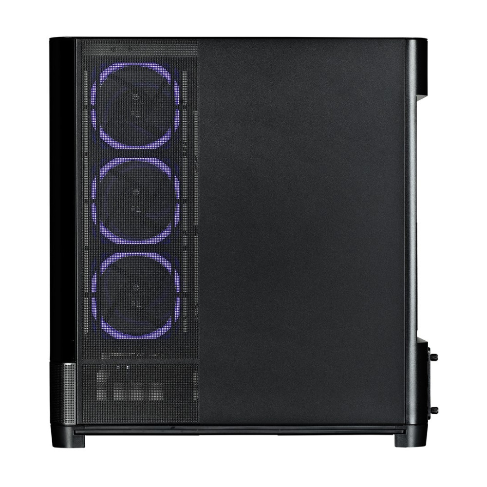 Case per computer nero con tre ventole illuminate di viola sul davanti.