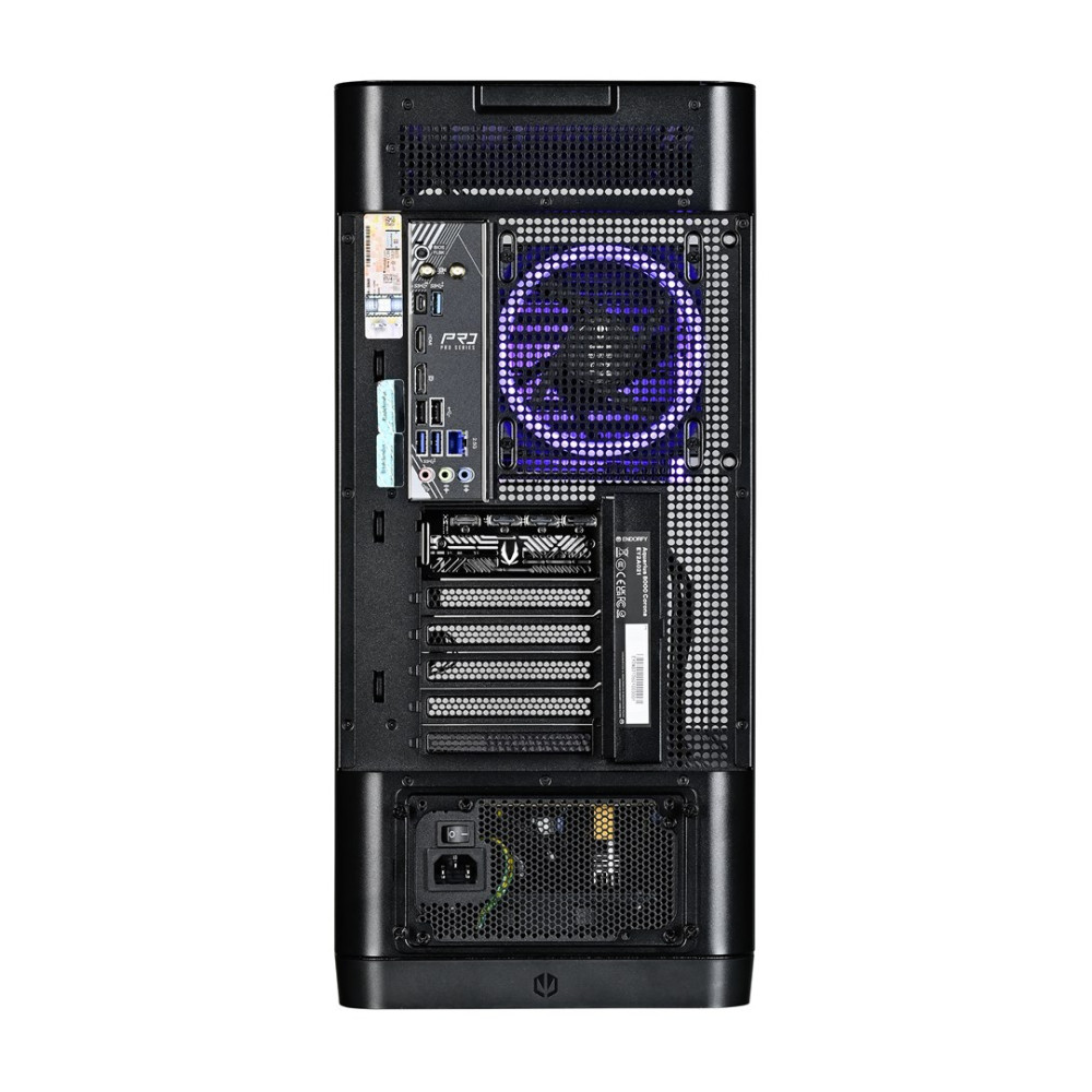 Retro di un case per computer nero con ventole e porte.