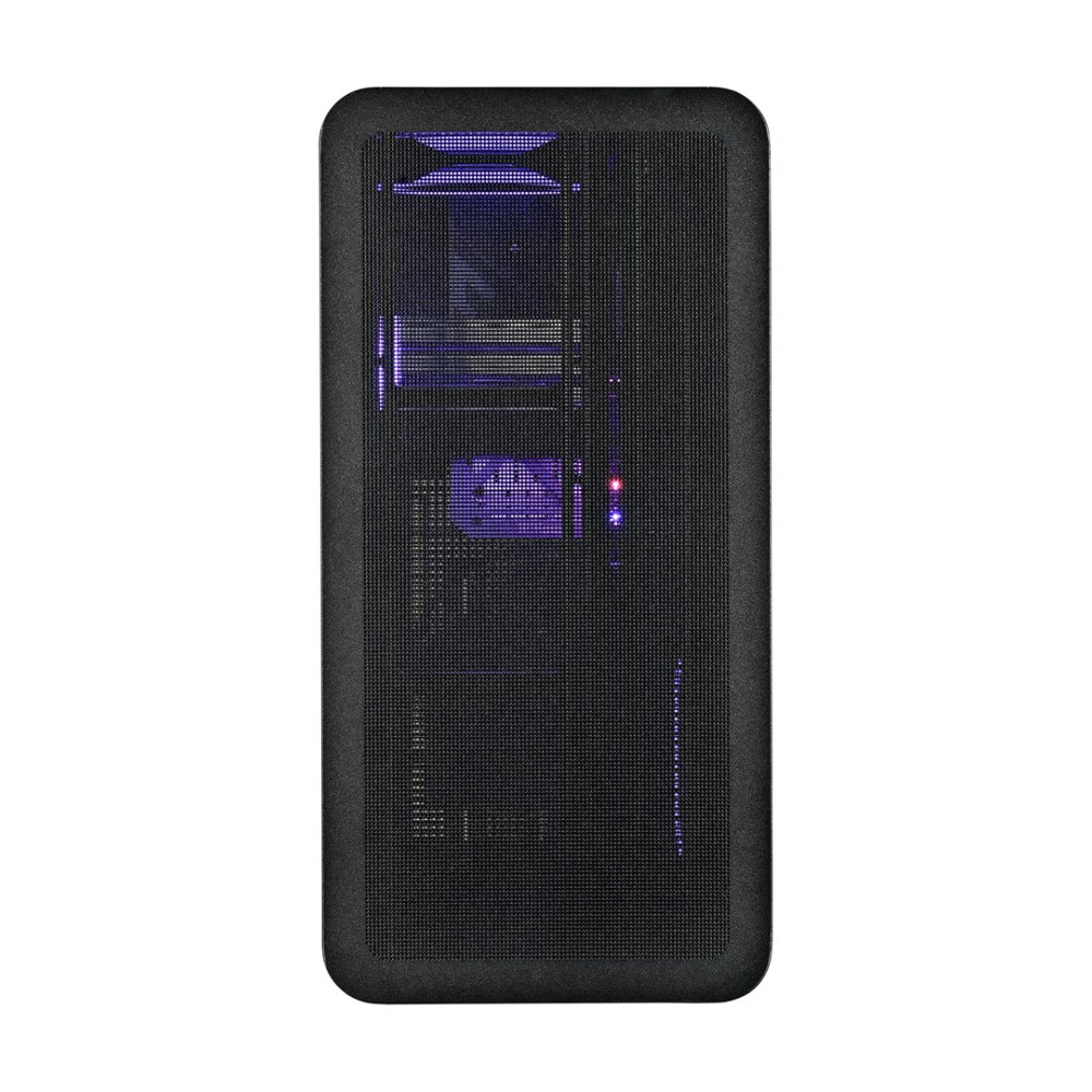 Case PC nero con illuminazione interna e ventole viola.