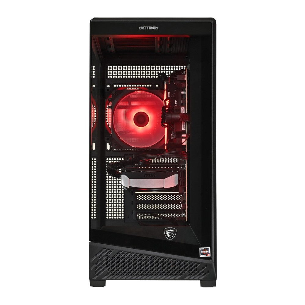 Una torre PC nera aperta con ventole e luci rosse.