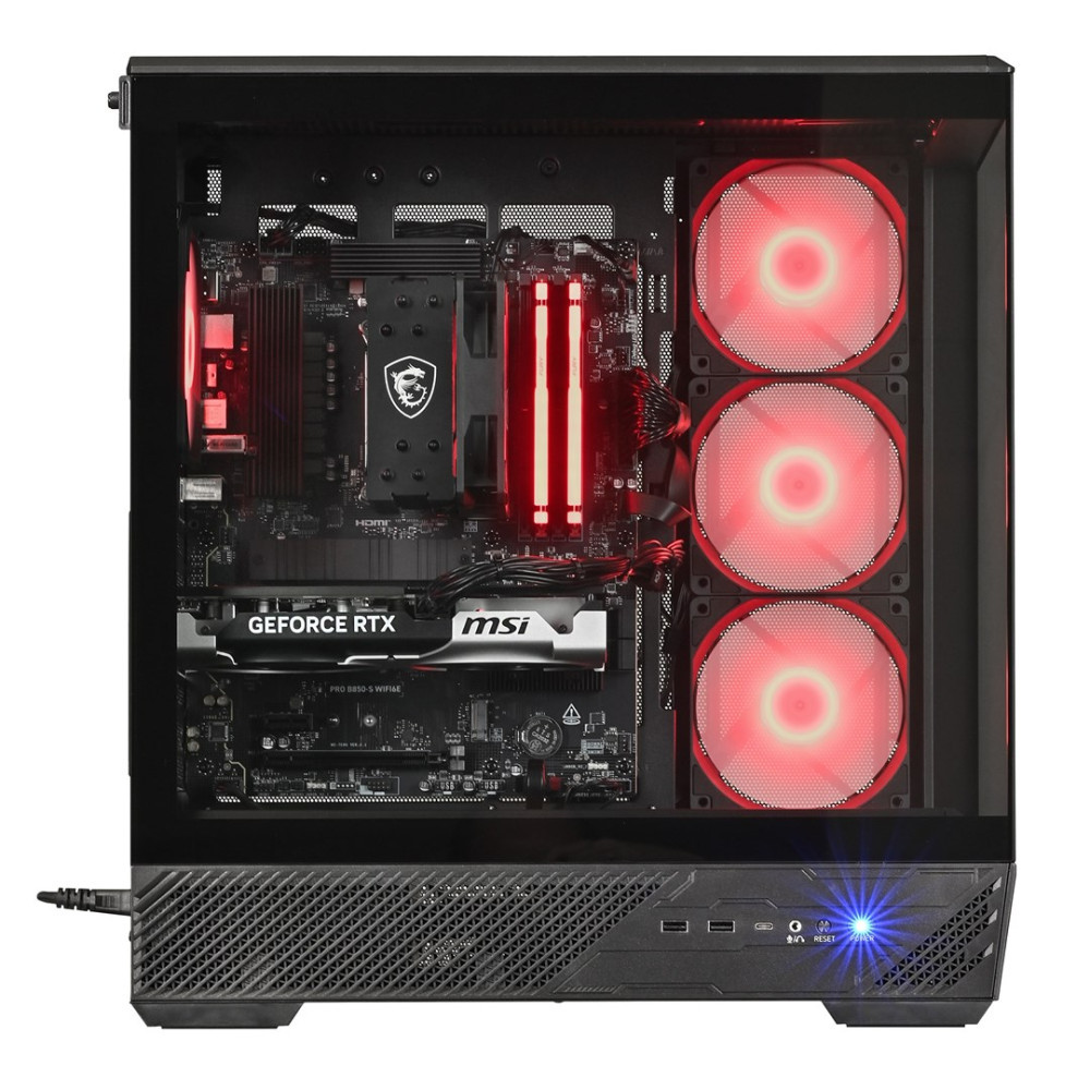 Case PC aperto con ventole rosse luminose, GPU, RAM e scheda madre.
