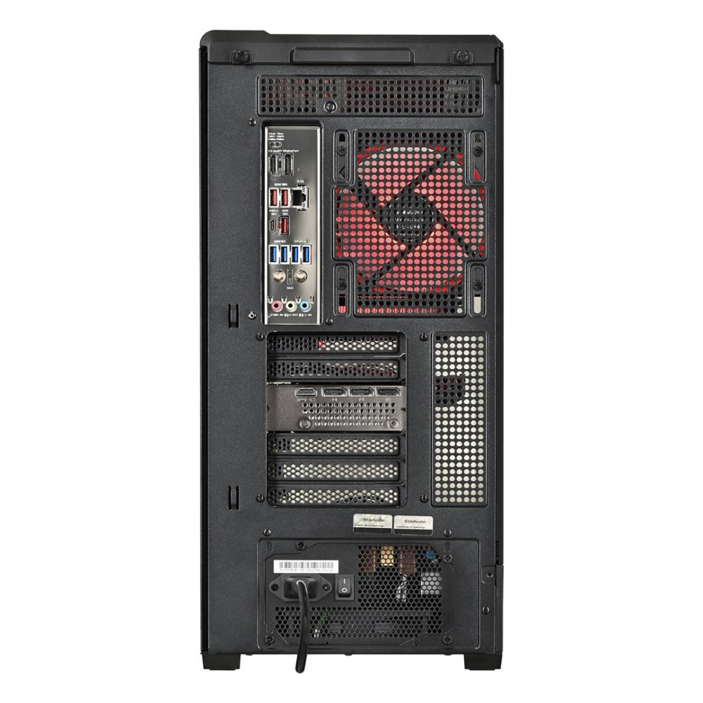Retro di un case per computer nero con porte e ventole.