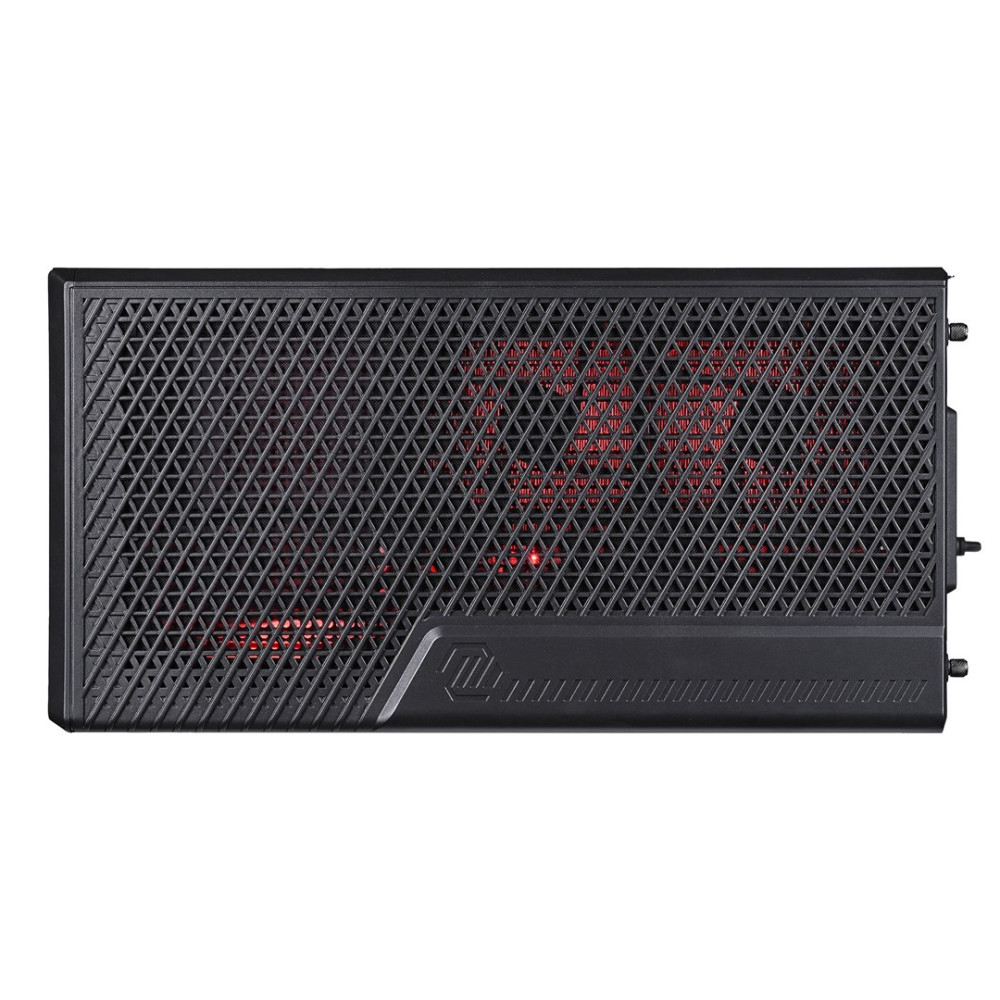 Case PC nero con illuminazione LED rossa dietro un motivo a griglia triangolare.