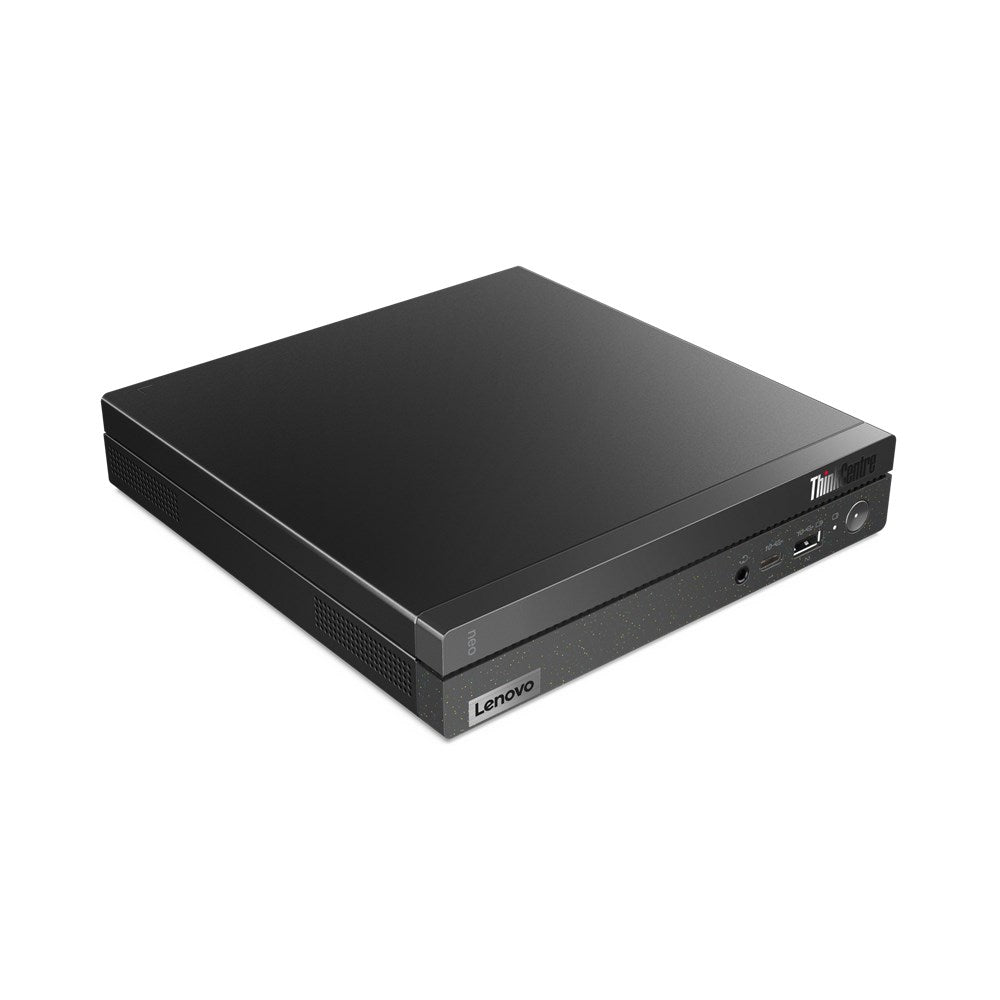 Czarny komputer Lenovo ThinkCentre NEO jest widoczny na białym tle.