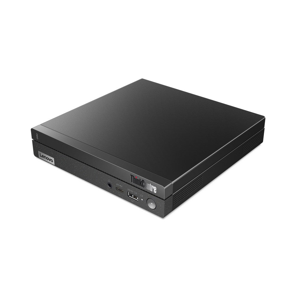 Czarny mini PC Lenovo ThinkCentre z portami i logo z przodu.
