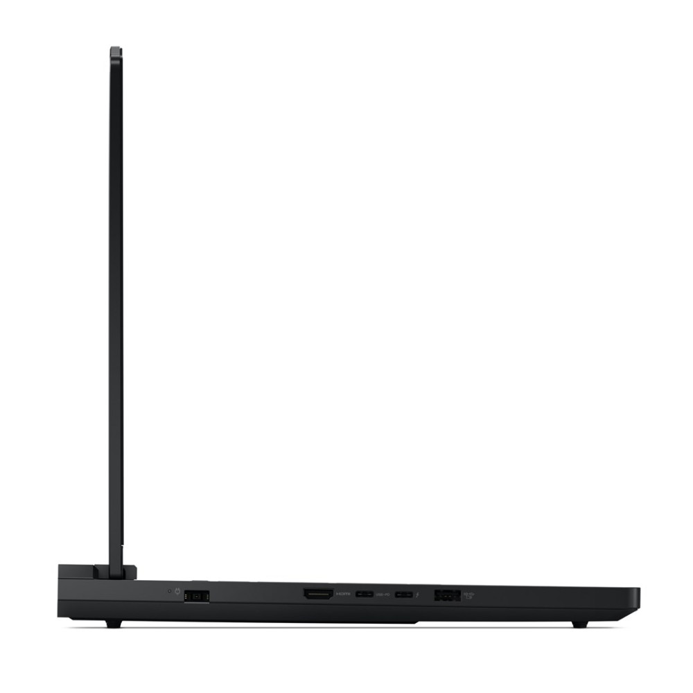 Widok z boku czarnego laptopa, pokazujący porty.