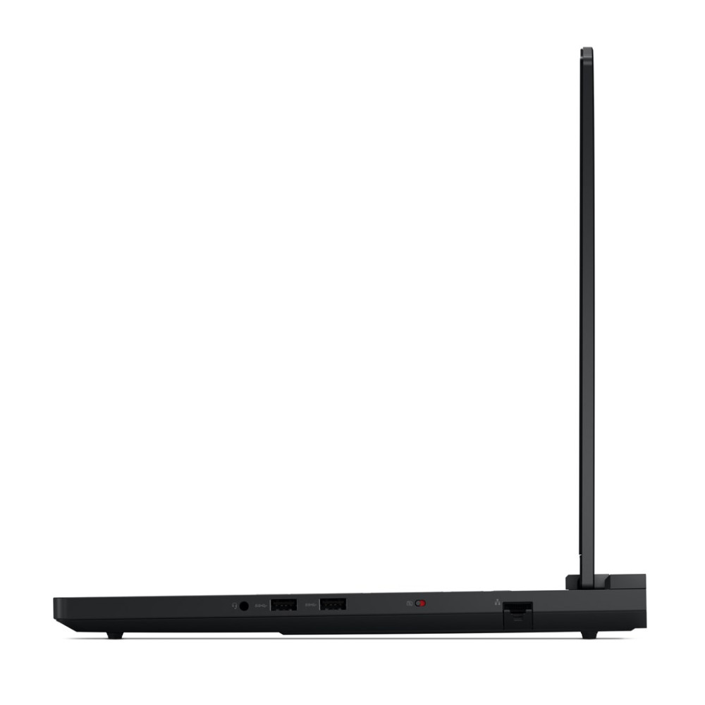 Widok z boku czarnego laptopa z otwartym ekranem, pokazujący porty z boku.