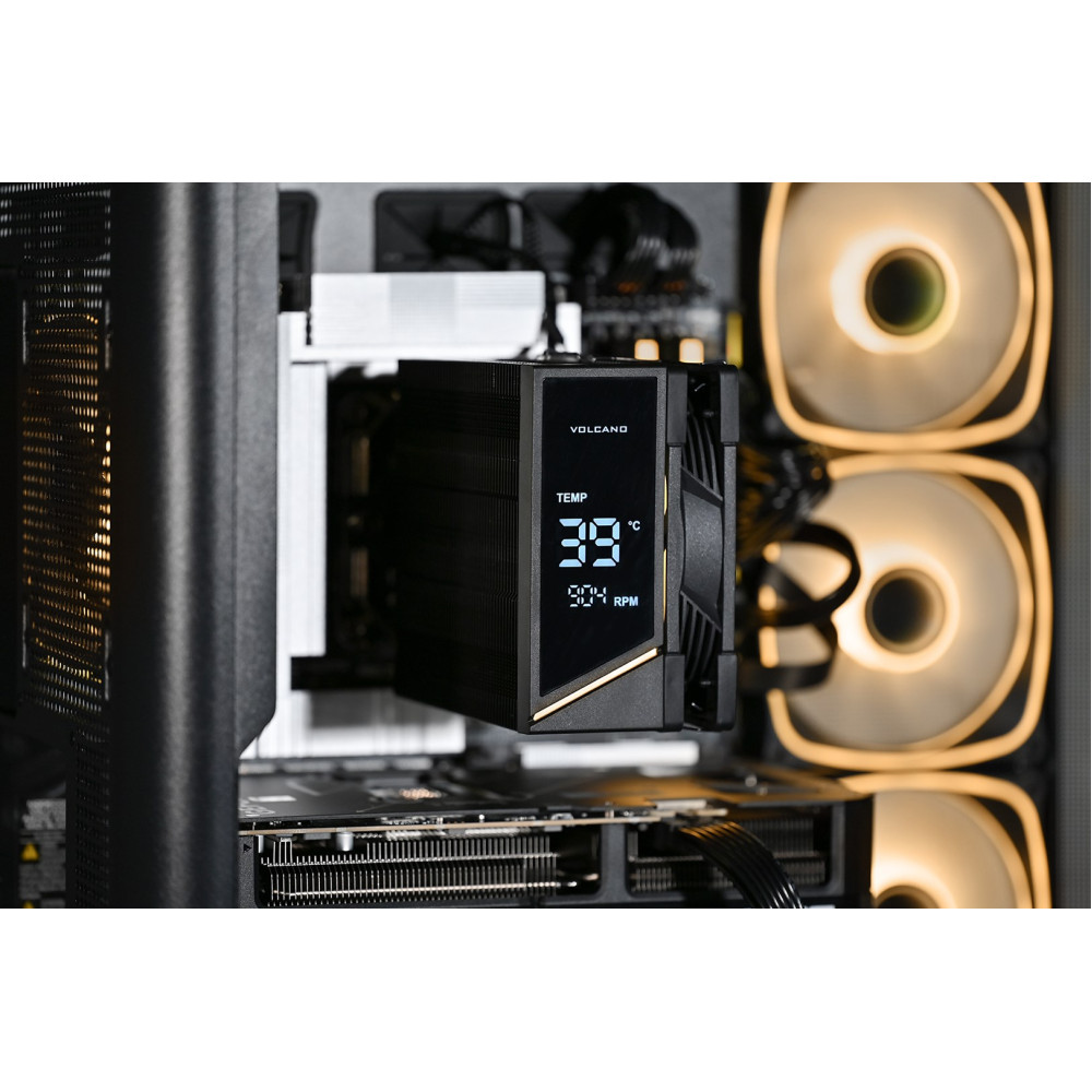Czarny cooler CPU z cyfrowym wyświetlaczem pokazującym 39°C i 904 obr./min.