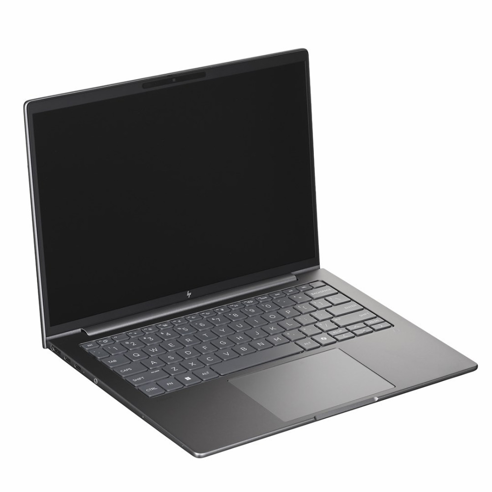 Otwarty, ciemny laptop z srebrną obudową i klawiaturą.