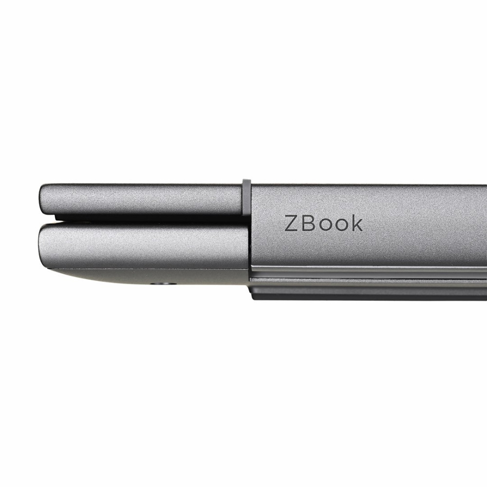 Zbliżenie srebrnego laptopa z napisem "ZBook" na białym tle.