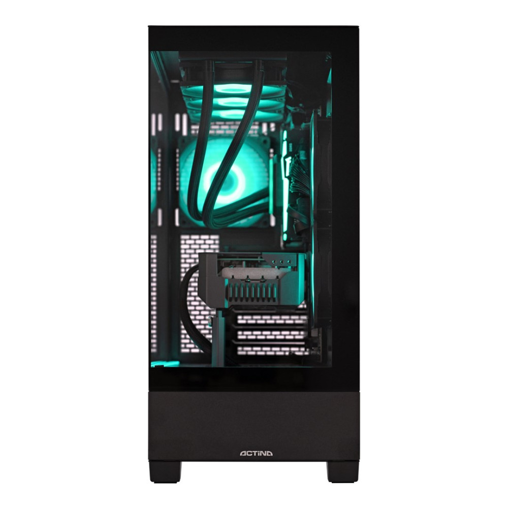 Un case PC nero con illuminazione interna verde e ventole visibili.