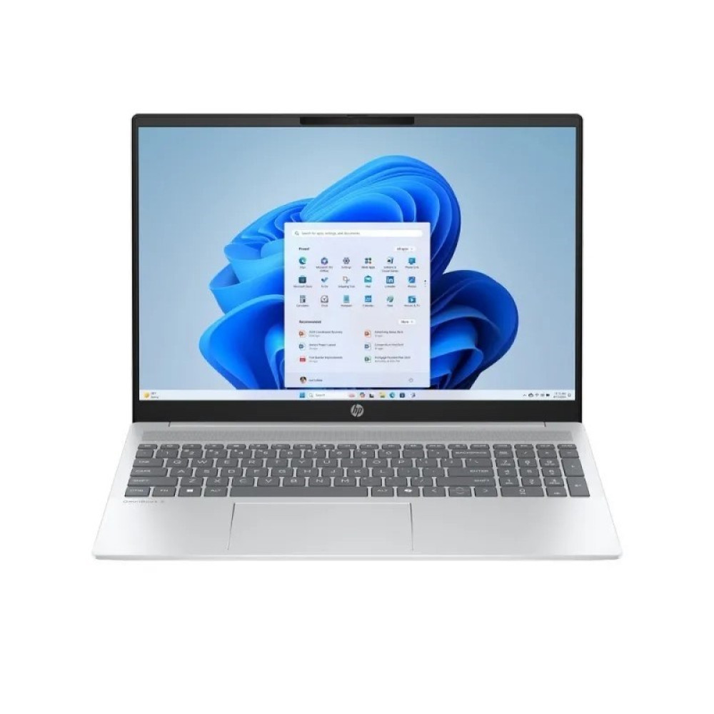 Otwarty laptop wyświetlający menu Start systemu Windows 11 z niebieską grafiką w tle.